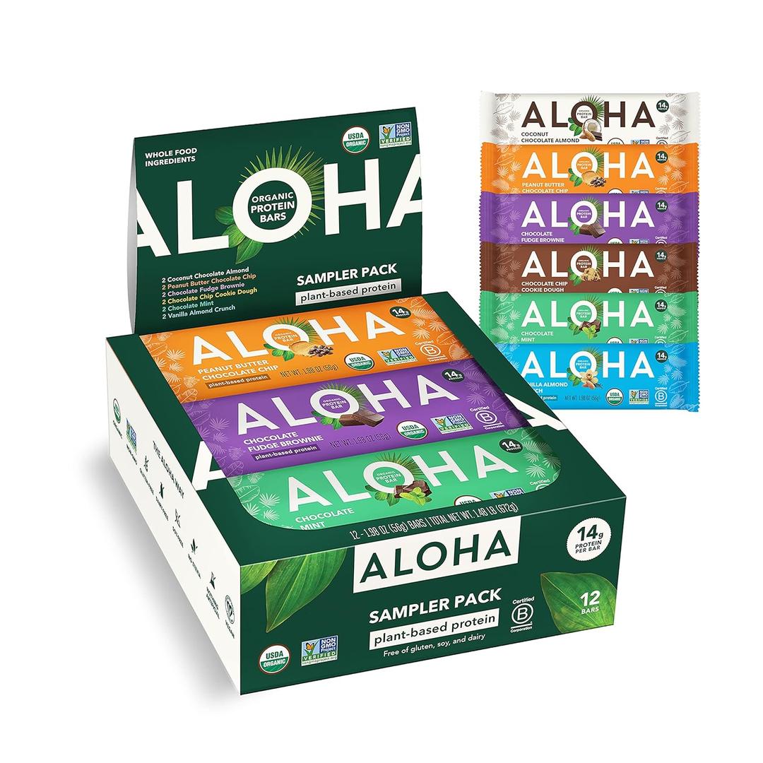 ALOHA Organic Plant Based Protein Bars - 6 Flavor Variety Pack - 12 Count, 1.9oz Bars - Vegan Snacks, Low Sugar, Gluten-Free, Low Carb, Paleo, Non-GMO, Stevia-Free, No Sugar Sweeteners USDA Organic, BB Date 16 Oct 2026