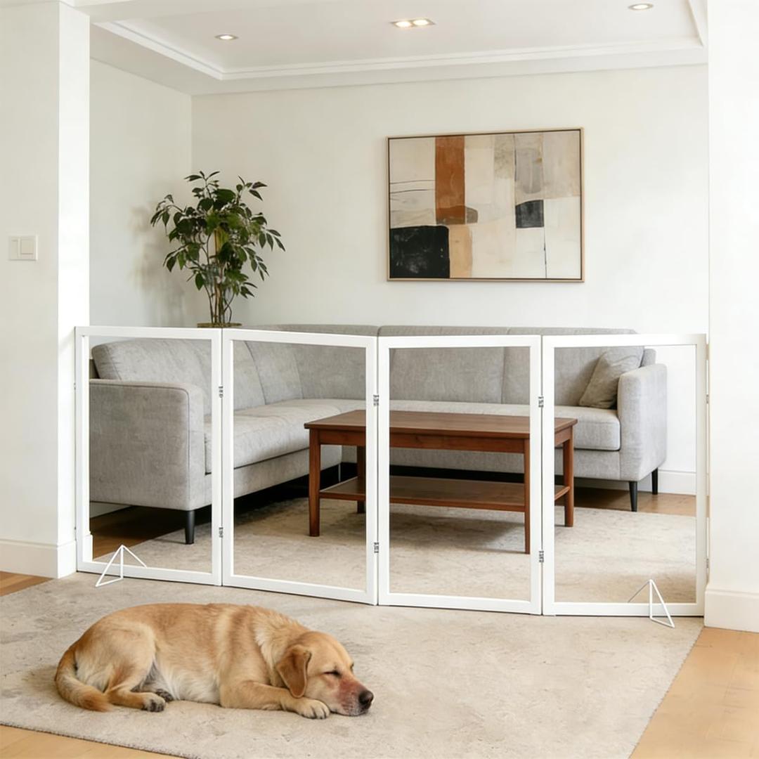 Extra-Wide Clear Dog Gate,(31.5" H*72" W),Transparent Pet Fence with Solid Hardwood and Plastic Board, Stylish & Durable Clear Acrylic Pet Gate for Doorways, Stairs and Hallways(4-Panel) (Large)