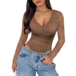 SAUNGKUAI Women's V Neck Lace Bodysuit Long Sleeve Bodysuits Double Lined Going Out Tops Y2K Trendy Thong Outfits Large, Brown 
