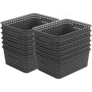 Grey Plastic Weave Storage Basket, 12-Pack Woven Gray Basket Organizer for Kitchen Office Bathroom
