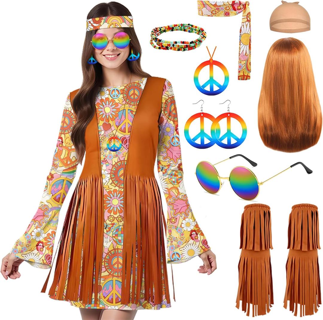 60s 70s Hippie Dress Costumes-Peace Sign Necklace Earrings Wig Fringe Boot Covers Sunglass Headband-1970s Outfits,Small, Hippie