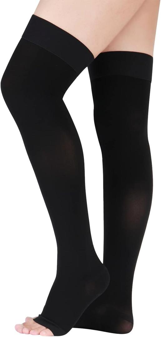 Lin Performance 15-20 mmHg Medical Compression Stockings for Women & Men, Thigh High Dot-Top Open Toe, Leg Support for Daily & Travel Comfort (Black,XXL)