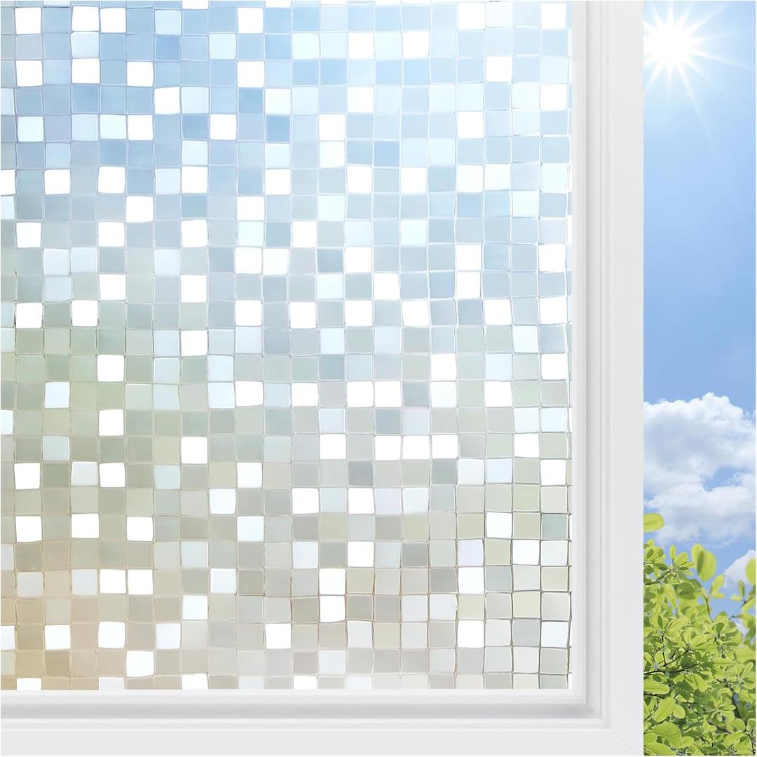 rabbitgoo Window Privacy Film Stained Glass Window Film, 3D Square Mosaic Decorative Static Cling Glass, Removable Vinyl UV Blocking Stickers for Home, 35.4 x 78.7 inches