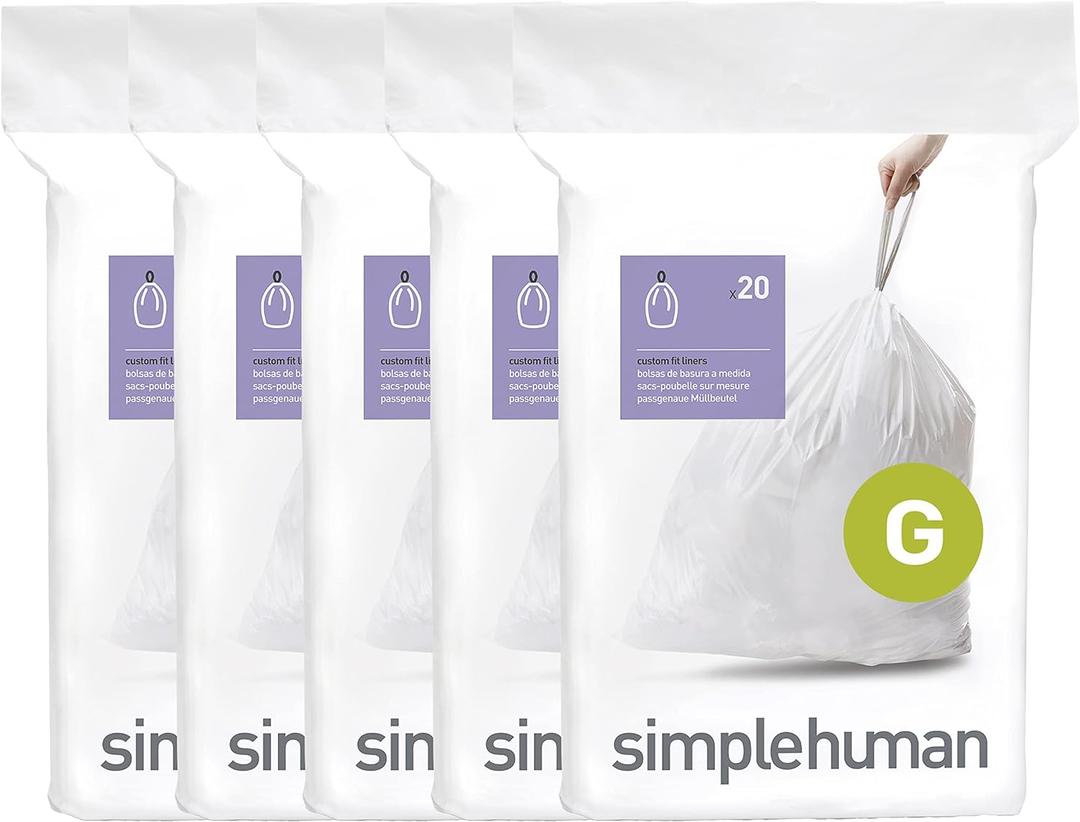simplehuman Code G 100 Count, Dispenser Pack Custom Fit Liners, Drawstring Trash Bags, 30 Liter / 8 Gallon, White