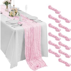 Bailarina 12 Pack Cheesecloth Table Runner 17x108 Inch Long Gauze Cheese Cloth 9ft Wrinkled Sheer Table Runner for Wedding Reception Birthday Party Table Decoration (Pink)