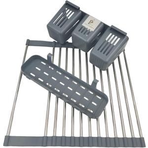 Primus Emporium Expandable Roll Up Dish Drying Rack,Over Sink Stainless Steel Dish Drainer with Adjustable Length Up to 22.8'', 2 Storage Baskets,Utensil Holder,Large,Foldable,Space-Efficient (Gray)