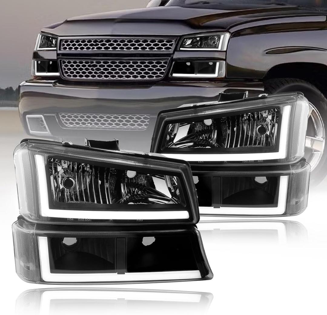 LED DRL Headlights Assembly Compatible with 2003-2006 Chevy Silverado/2003-2006 Avalanche without Factory Cladding Replacements Clear Reflector Black Housing