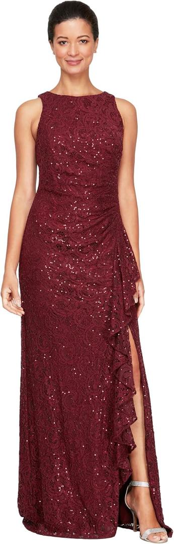 Alex Evenings Women's Long Sleeveless Mother of the Bride Dress W/Cascade Ruffle & Front Slit (4P, Wine Color)