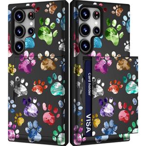 Compatible with Samsung Galaxy S24 Ultra Case Cute with Card Holder/Slim Wallet Phone Cover for Women/Colorful Doodle Paws Dog Craws Footprints Animal Watercolor