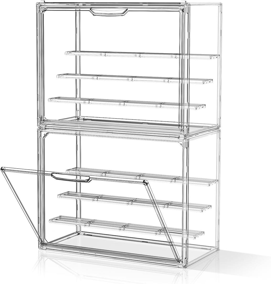 Clear Acrylic Display Case for Figures 4 Layers 2 Pack Figurine Display Cases with Shelves Stackable Display Box Showcase with Magnetic Door for Collectibles, Keep Collection Dustproof