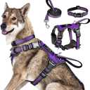 WINSEE Pet Harness Collar and Leash Set, All-in-one Reflective Dog Harness No Pull with Adjustable Buckles for Dogs (X-Large, Purple)