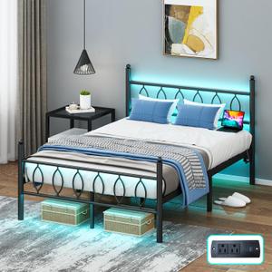 Full Size Bed Frame with Headboard,Black Metal Platform Bed Frame Full Size with Charging Station & LED Lights,12-Inch Under Bed Storage,No Box Spring Needed,Noise Free,Easy to Assemble