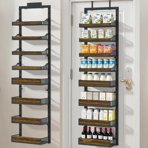 Over the Door Pantry Organizer, 8-Tier Door Spice Rack Organizer Pantry, Behind the Door Storage Organizer with Adjustable Baskets, 2 in 1 Wall Mount or Hanging Back of Door Organizer (Black)