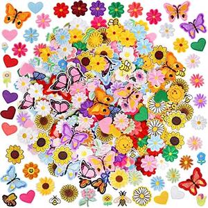 NICEVINYL Random Iron on Patches for Clothing: 120PCS Flower Heart Patch Iron on Cute Butterfly Embroidered Sew Applique Repair Patches for Jeans Jackets Backpacks