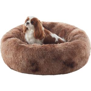 30 inches Donut Dog Bed for Medium Dogs,Calming Fluffy Round Pet Bed with Removable & Washable Cover,Fits up to 45 lbs Pets(Tie-dye Brown,Medium)