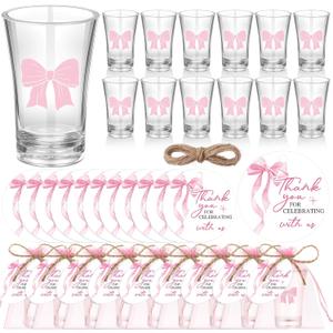 Funnymoom 50 Sets Pink Bow Party Favors Coquette Shot Glasses Birthday Party Decorations Acrylic Clear Gifts Thank You Tags with Organza Bags for Women Bridal Shower Wedding Bachelorette Supplies (as shown in the figure)