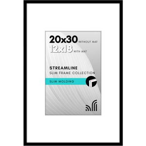 Americanflat 20x30 Poster Frame with Polished Plexiglass - Use as 12x18 Frame with Mat or Display 20x30 Photo Without Mat - Streamline Collection - Thin Border Picture Frames for Wall - Black