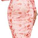 AISWI Maternity Mesh Dress Ruched Side Round Neck Pregnancy Dresses Baby Shower Wedding Guest Cocktail Party 2025 Fall (Medium, Floral Pink, Size Down for Best)