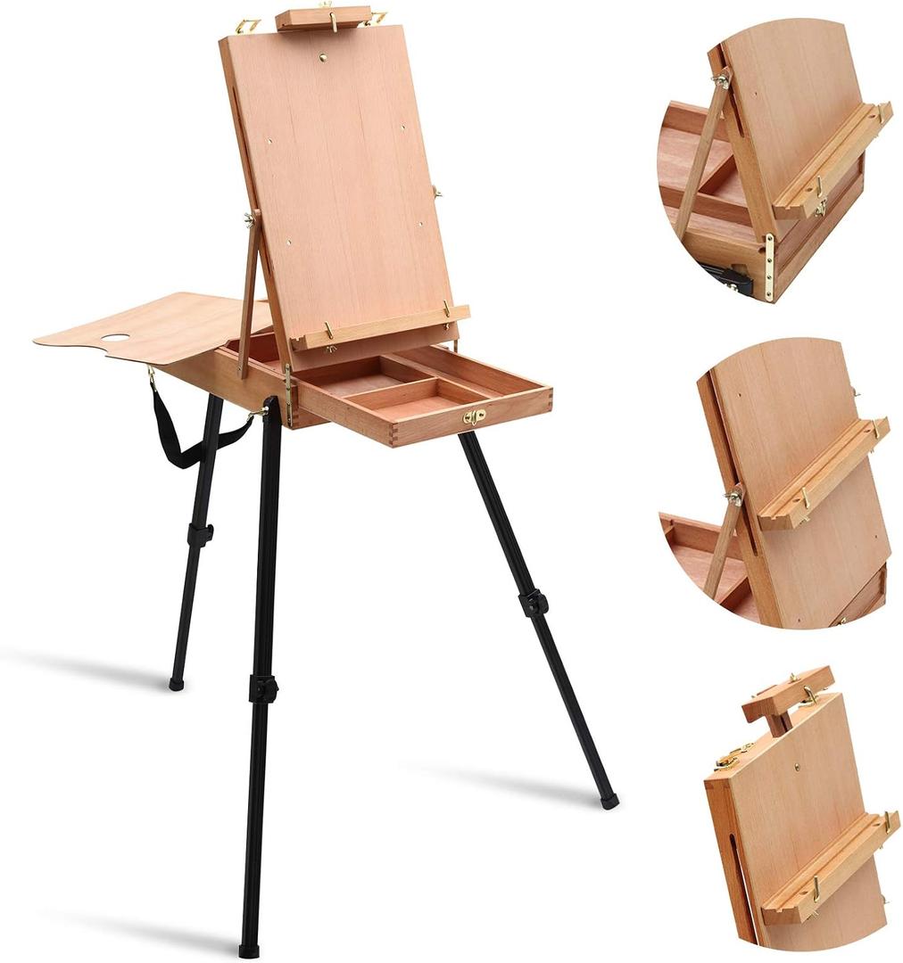 Falling in Art Light Weight French Style Field and Sketchebox Easel with Aluminum Tripod, Adjustable Beechwood Tripod Standing Easel with Drawer, Palette, 17 2/5" W X 12 1/2" L