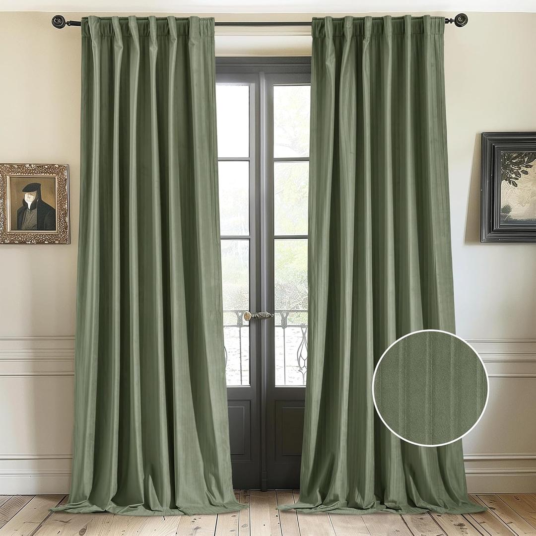 StangH Sage Green Velvet Curtains 84 inches Nursery Bedroom Privacy Window Drapes Embossed Line Gorgeous Home Decor for Living Room Dining Room, W52 x L84, 2 Panels