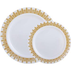 WDF 60PCS Heavyweight White with Gold Rim Wedding Party Plastic Plates,Dinnerware Sets.30-10.25inch Dinner Plates and 30-7.5inch Salad Plates (White/Gold Forest)