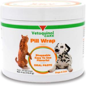 Vetoquinol Pill Wrap Treats for Dogs & Cats  4oz, 56 servings  Hides Any Size, Shaped Pill  Moist, Flavorful & Shapeable Pill Pocket Paste  Easy-to-Swallow Masking Pill Pouch for Training & Treats