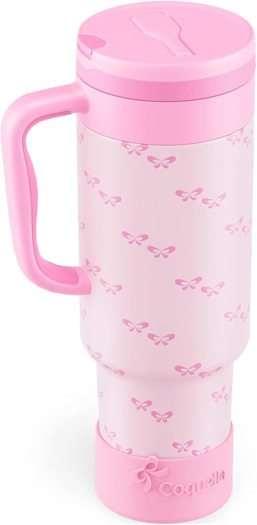 40 oz Insulated Tumbler with Handle and Push-Button Straw Lid, Stainless Steel Travel Cup for Gym Office Leakproof, BPA-Free, Cup Holder Friendly, Bow Silicone Boot, Pink (Coquette Bubblegum) (EXP 02/05/26)