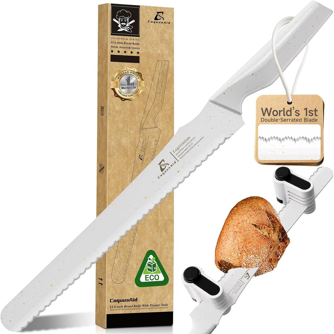 Resharpenable Bread Knife for Homemade Bread, 11.6-Inch Multifunction Serrated Knife with 5 Thickness Adjustable Slicing Guide, Stainless Steel Bread Cutter, Razor Sharp for Sourdough, White