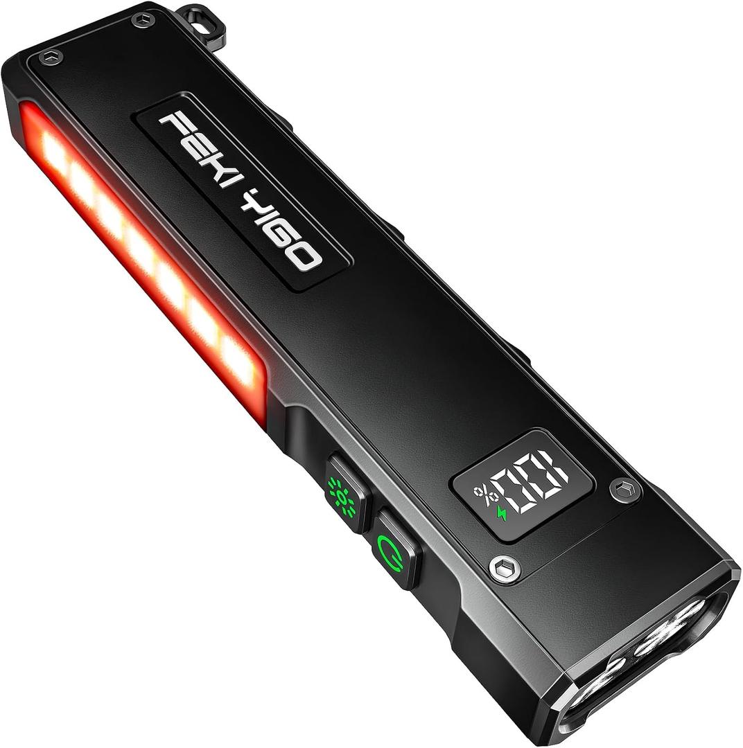 Feki Yigo Flat EDC Flashlight Rechargeable 1800 Lumens - Pocket Flashlight with 365nm UV Light, RGB Modes, Magnetic Base, Digital Display, IPX4 Waterproof for Camping, Emergency, Mechanics (Black)