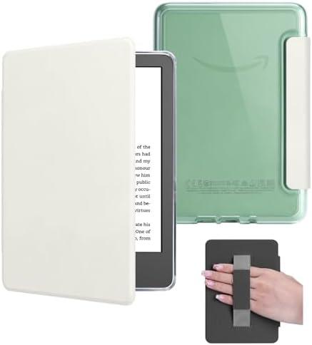 HOICHOE Case with Hand Strap for 6.8" Kindle Paperwhite 11th Generation 2021 and Kindle Paperwhite Signature Edition, PU Leather Cover, Transparent Hard Back Shell with Auto Sleep/Wake, Creamy White