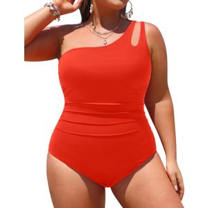 Aqua Eve Plus Size One Piece Swimsuit One Shoulder Bathing Suit Tummy Control Keyhole Swimwear Red 18W