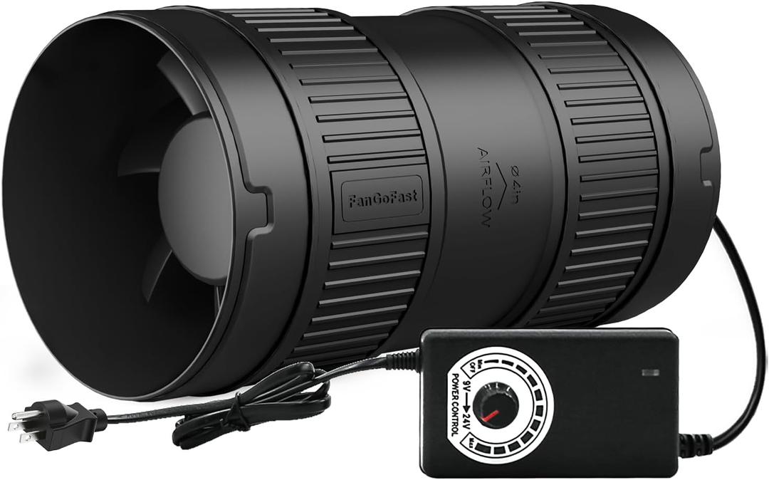 FanGoFast 4 Inch Inline Duct Fan 130CFM Airflow with Stepless Speed Control Low Noise Energy Saving Ventilation Booster Fan for Grow Tents,Workshops,Basements