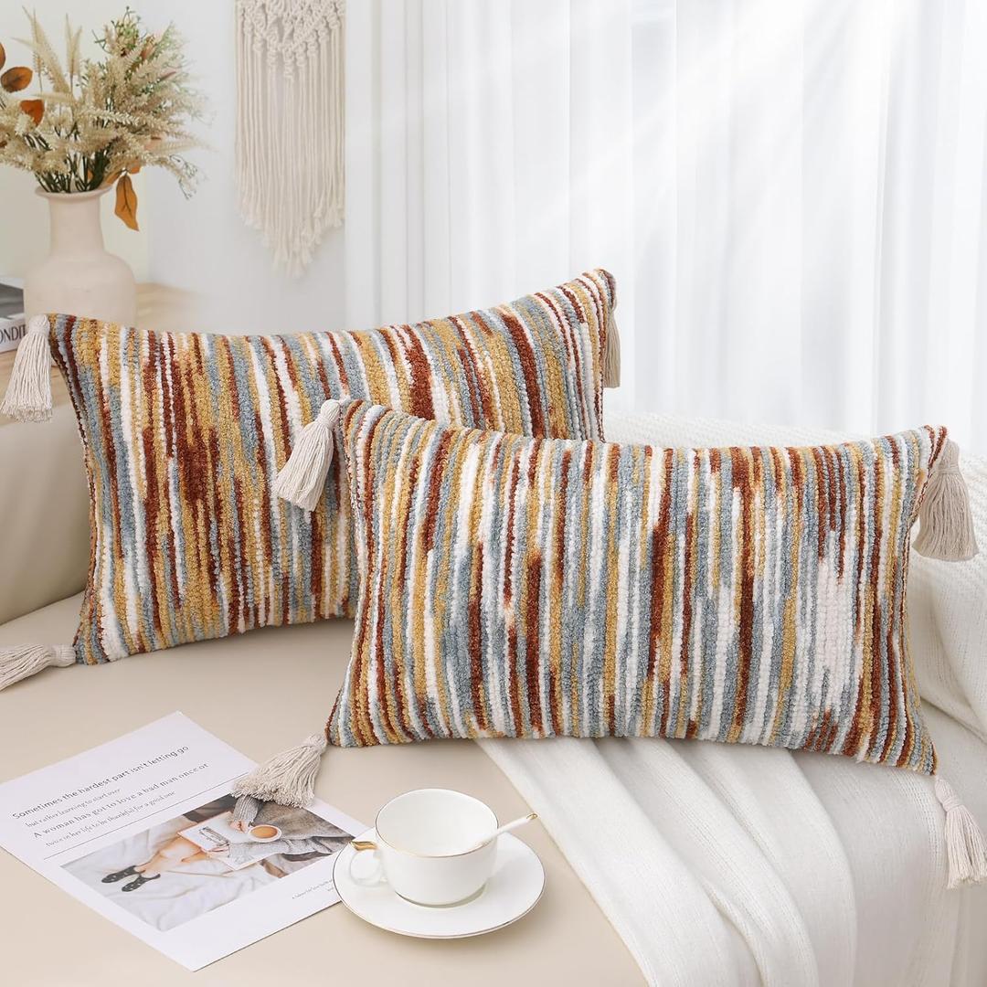 Simmore Fall Boho Decorative Throw Pillow Covers 12x20 Set of 2, Tufted Farmhouse Pillow Covers with Tassels for Cozy Bohemian Couch Sofa Bedroom Home Decor, Rust
