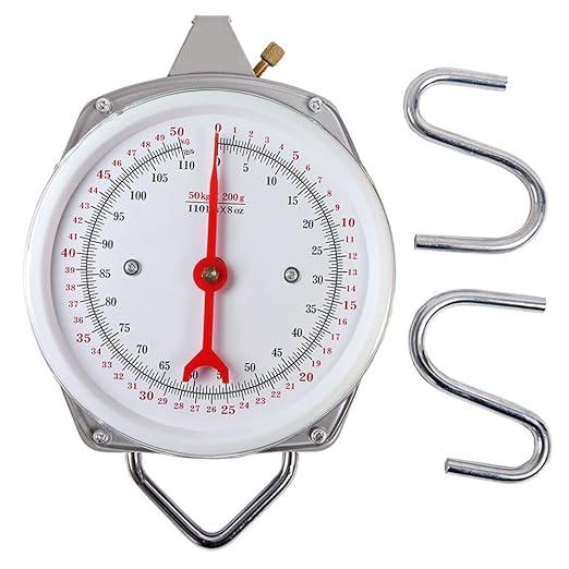 Precision Hanging Scale, 110 LB / 50KG Spring Dial Weight Scale Large Game Scale, Heavy Duty Mechanical Kitchen Weighing Food Scale for Market, Feeding, Kitchen