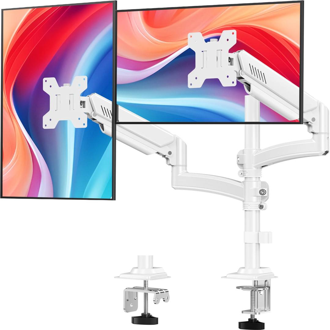 Dual Monitor Stand for 2 Screens up to 32 inch, Vertical Stacked Dual Monitor Mount, Full Motion Adjustable Tall Double Monitor Desk Mount, Each Arm Holds 4.4-22lbs, VESA 75/100mm, White, Freelift
