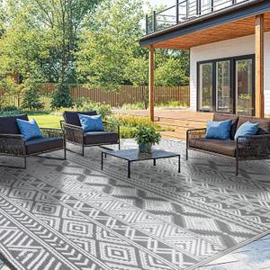 Waterproof Outdoor Rug 8x10 ft, Reversible Plastic Straw Patio Camping Rugs, Outdoor Indoor RV Mat Carpet for Patio, Outside Entry, Backyard, Deck, Bench, Picnic, Camper(8x10,Gray&White)
