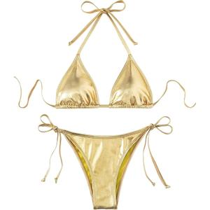 Verdusa Women's 2 Piece Bathing Suit Metallic Swimwear Halter String Triangle Bikini Sets (Medium, Gold)