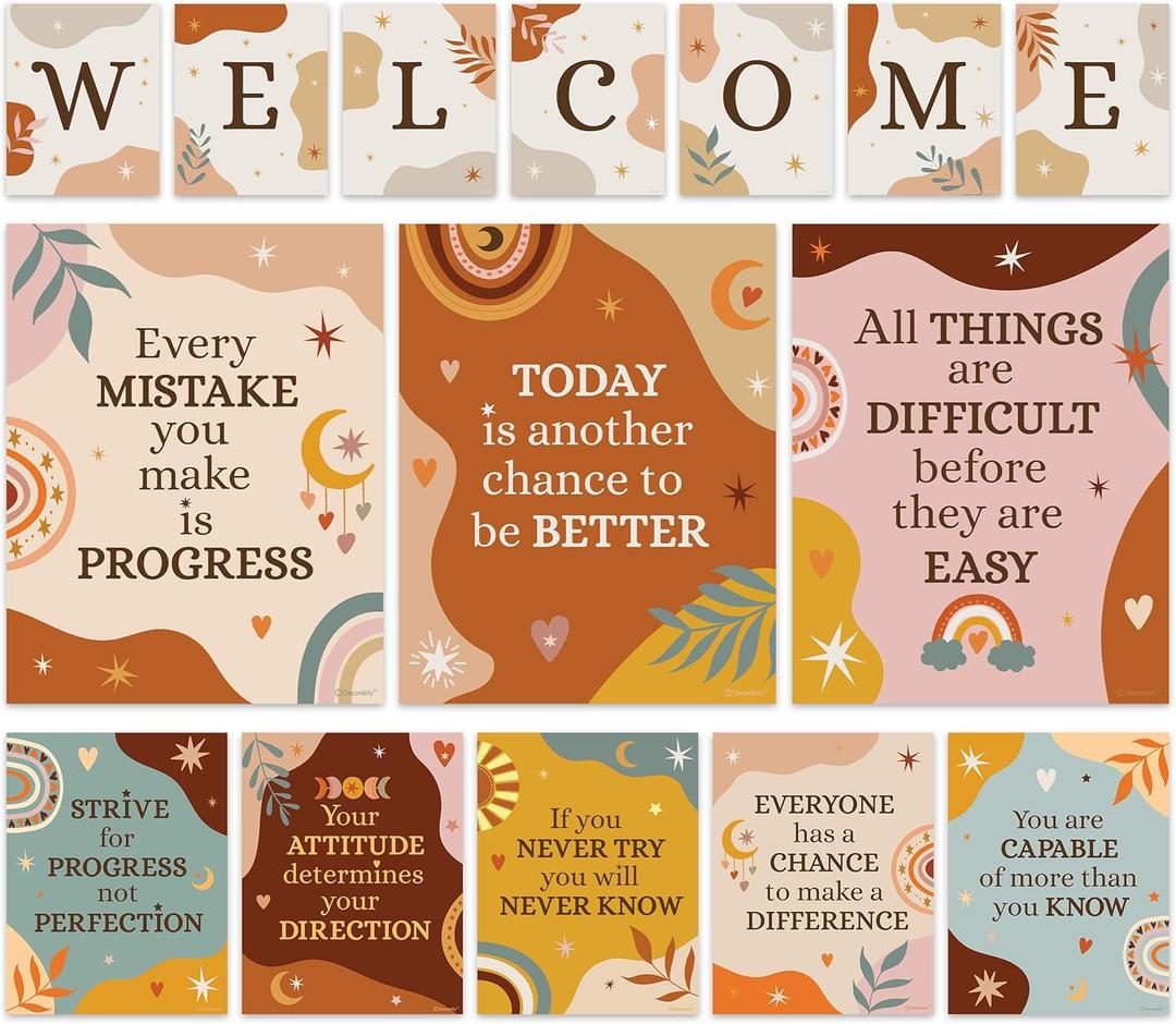 Decorably 15 Boho Welcome Sign for Classroom, Matte-Laminated Inspirational Boho Classroom Decorations for Teachers, Preschool, Elementary
