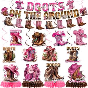 Boots on The Ground Decorations - 13 Pcs Pre-strung Banner Hanging Swirls Honeycomb Table Centerpieces Decor Set Western Cowgirl Birthday Baby Shower Party Supplies for Women Girls