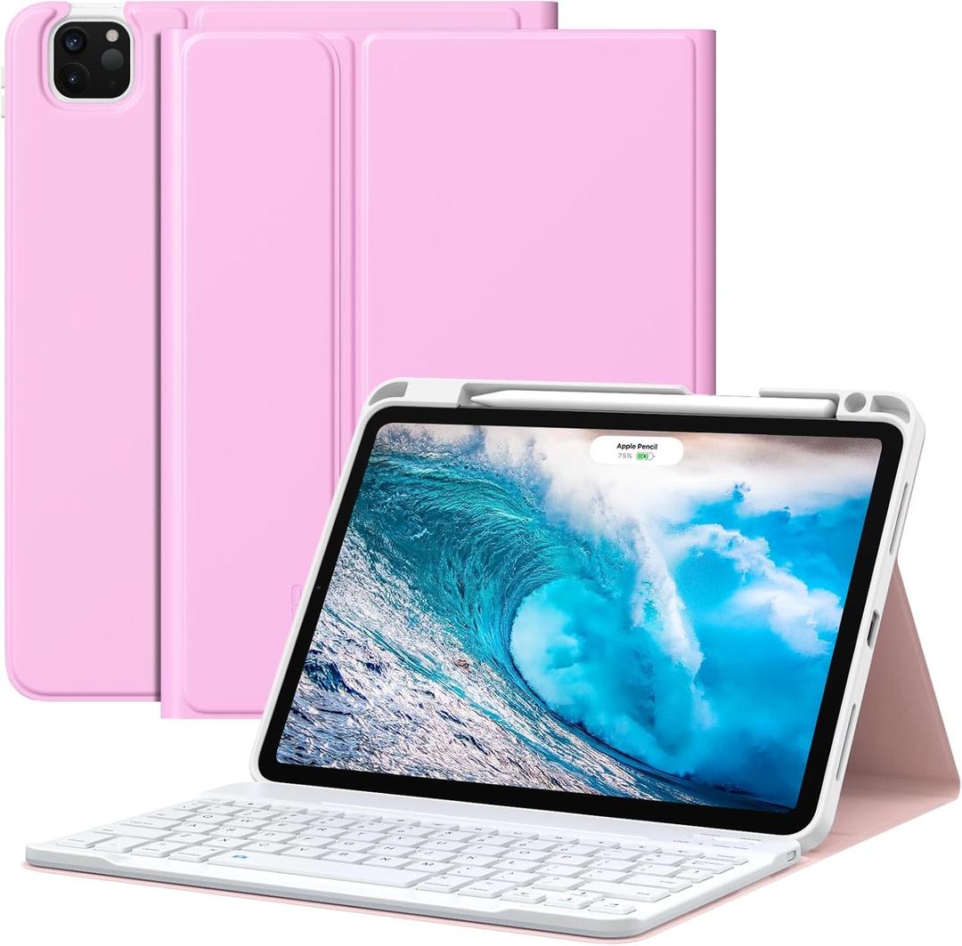 MoKo for New iPad Air 11 Inch Case with Keyboard 2025/2024 Released, Magic Detachable Folio Keyboard Cover with Pencil Holder for iPad Air 7th/6th/5th/4th Generation, Flowers Pink