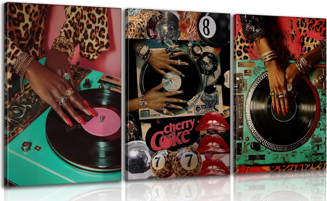 3Pcs Trendy Black Woman Wall Art Fashion Black Girl Leopard Picture Wall Decor Vintage Music DJ Record Aesthetic Poster African American y2k Art Painting Canvas Prints Artwork for Living Room Bedroom, 24L''x16W''-Canvas