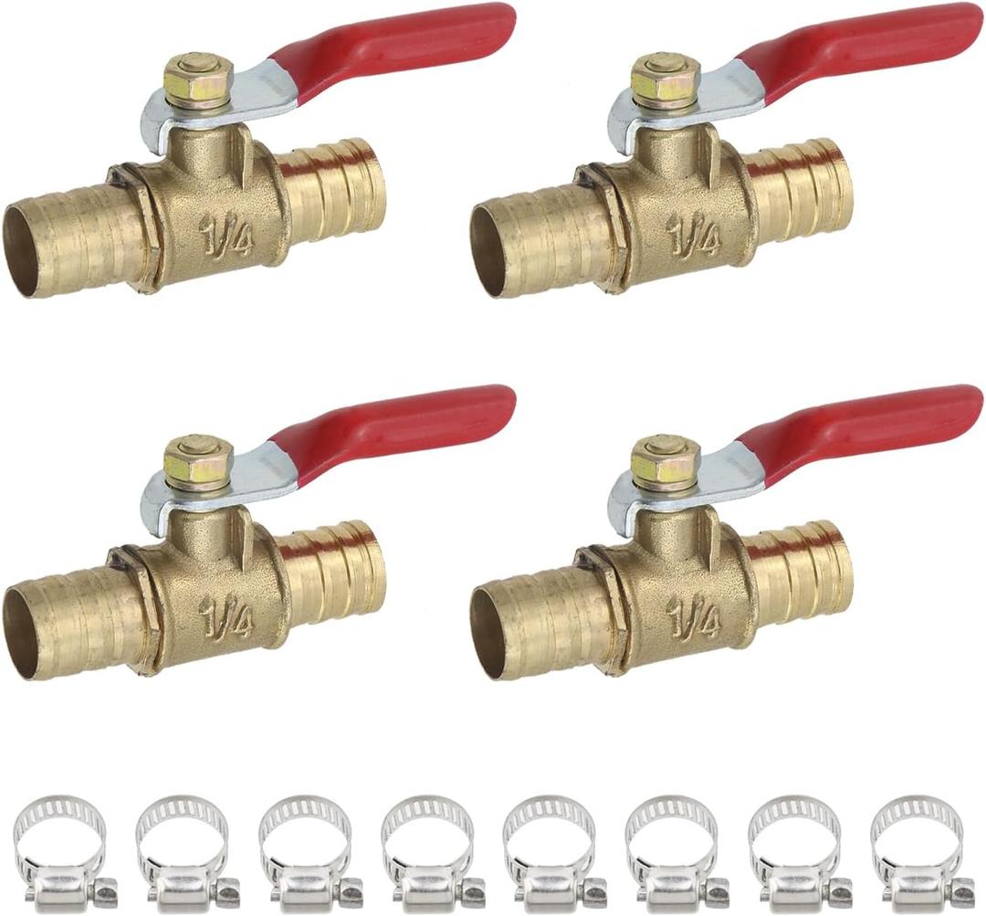 Antrader 4 Pcs Forged Brass Ball Valve Mini Shut Off Switch with Hose Clamps, 1/2" Hose Barb x 1/2" Hose Barb, 180 Degree Operation Handle