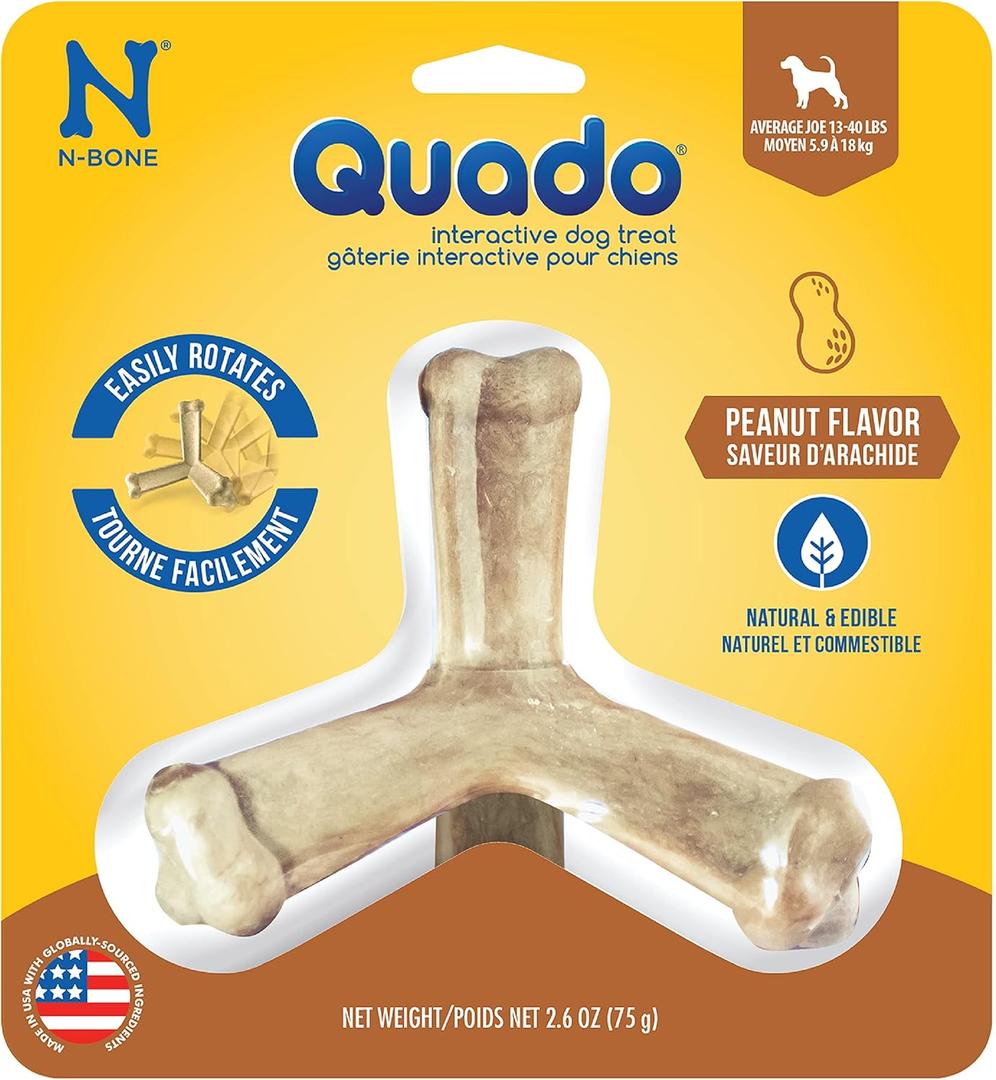 N-Bone Quado Interactive Chew, Peanut Flavor, Average Joe, 2.8oz, Natural, Medium (Pack of 1) (EXP 08/02/27)