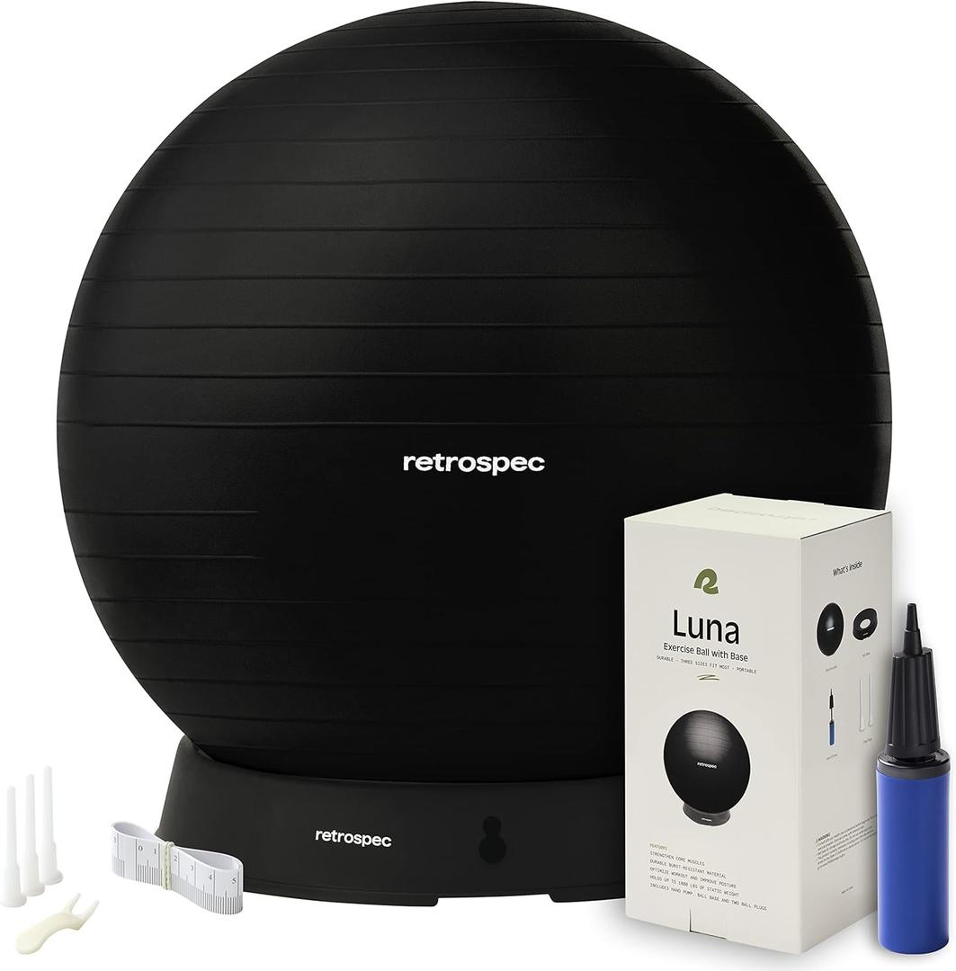 Retrospec Luna Exercise Ball, Base & Pump/Ball & Pump with Anti-Burst Material - Fitness Gym Swiss Ball - Perfect for Balance, Stability, Yoga, Pilates, Pregnancy & Birthing (55cm, Black)