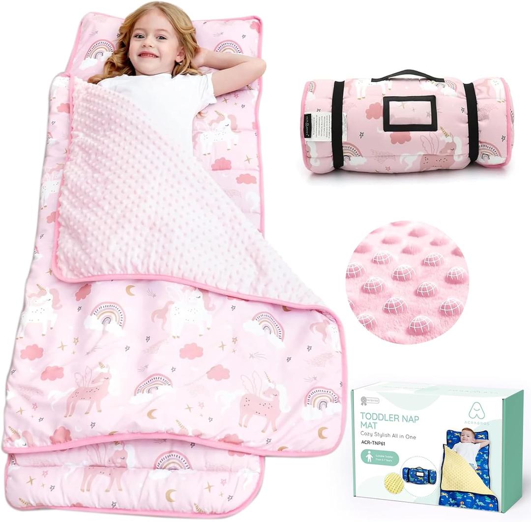 ACRABROS Toddler Nap Mat with Pillow and Blanket, Large Rolled Napping Mats,Slumber Bags for Boys Girls,Kids Sleeping Bag for Daycare, Preschool Travel (Unicorn) (53"L x 29"W x 3"Th)