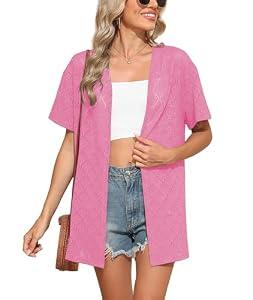 LILBETTER Womens Swimsuit Cover Up Short Sleeve Beachwear Oversized Bikini top(Rose Red Small)