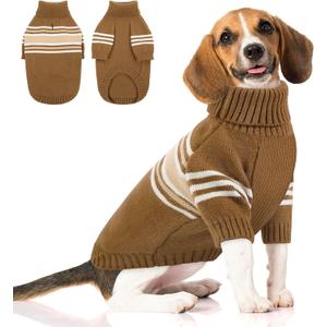 Queenmore Dog Striped Knitted Sweater, Turtleneck Pullover Pet Coat, Dog Winter Clothes with Leash Hole for Small Medium &Large Dogs(Brown,XL)