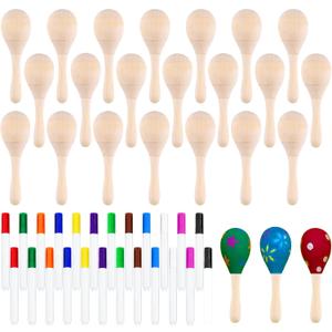 Morcheiong 24Pcs DIY Mini Wooden Maracas for Kids with 24Pcs Multicolor Pens, Fiesta Mexican Maracas Favors, Cinco De Mayo Party Supplies Decorations (Natural)