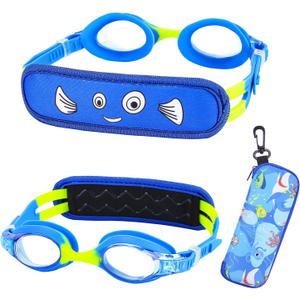 RUIGAO Kids Swim Goggles Age 2-6, Toddler Goggles No Hair Pull, UV Protection/ Anti Fog/ Padded HeadBand (1PK Kids -Blue Fish)