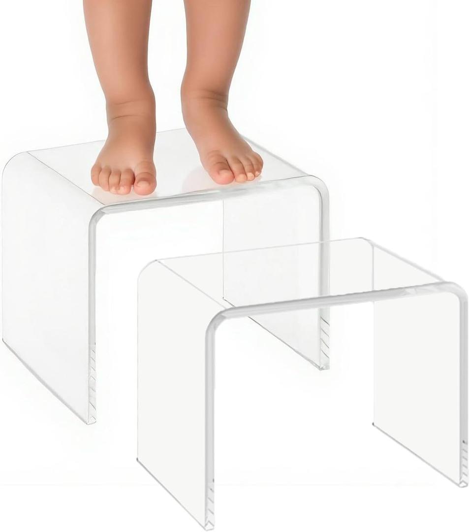 Acrylic Kids' Step Stool Small Footstool for Bathroom, Kitchen & Bedroom, 12.5x9.7x9, Holds 200lbs, Multi-Use as Toilet Stool, shower/water-resistant stool, seating and placing items (Clear-2pcs)